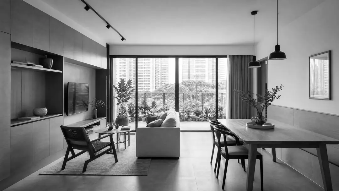 Original Bachmeijer visual study of a compact Singapore condominium photographed with accurate room scale and balanced window light.